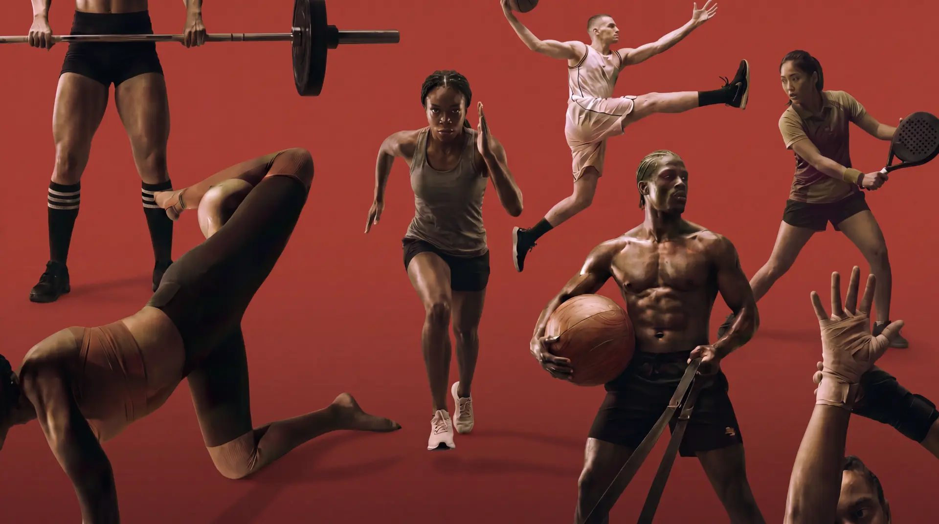 Collage of athletes training — lifting, running, boxing and playing padel